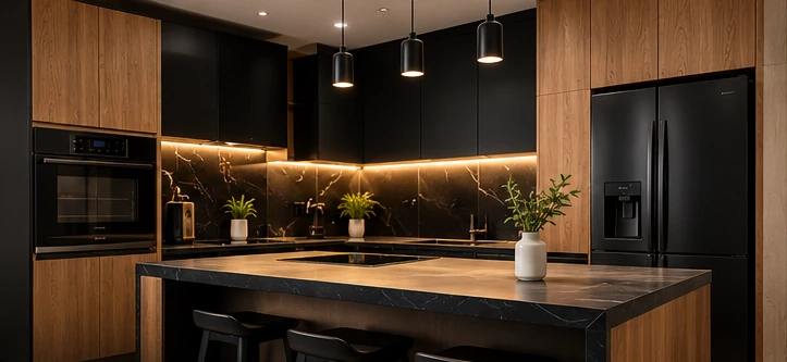 Cocina negra con acabados de madera y melamina. Imagen ilustrativa basada en los materiales proporcionados.